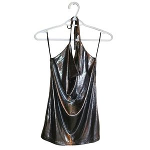 Silver Metallic Women's Y2K Cowl Neck Halter Top Vero Moda Size Medium